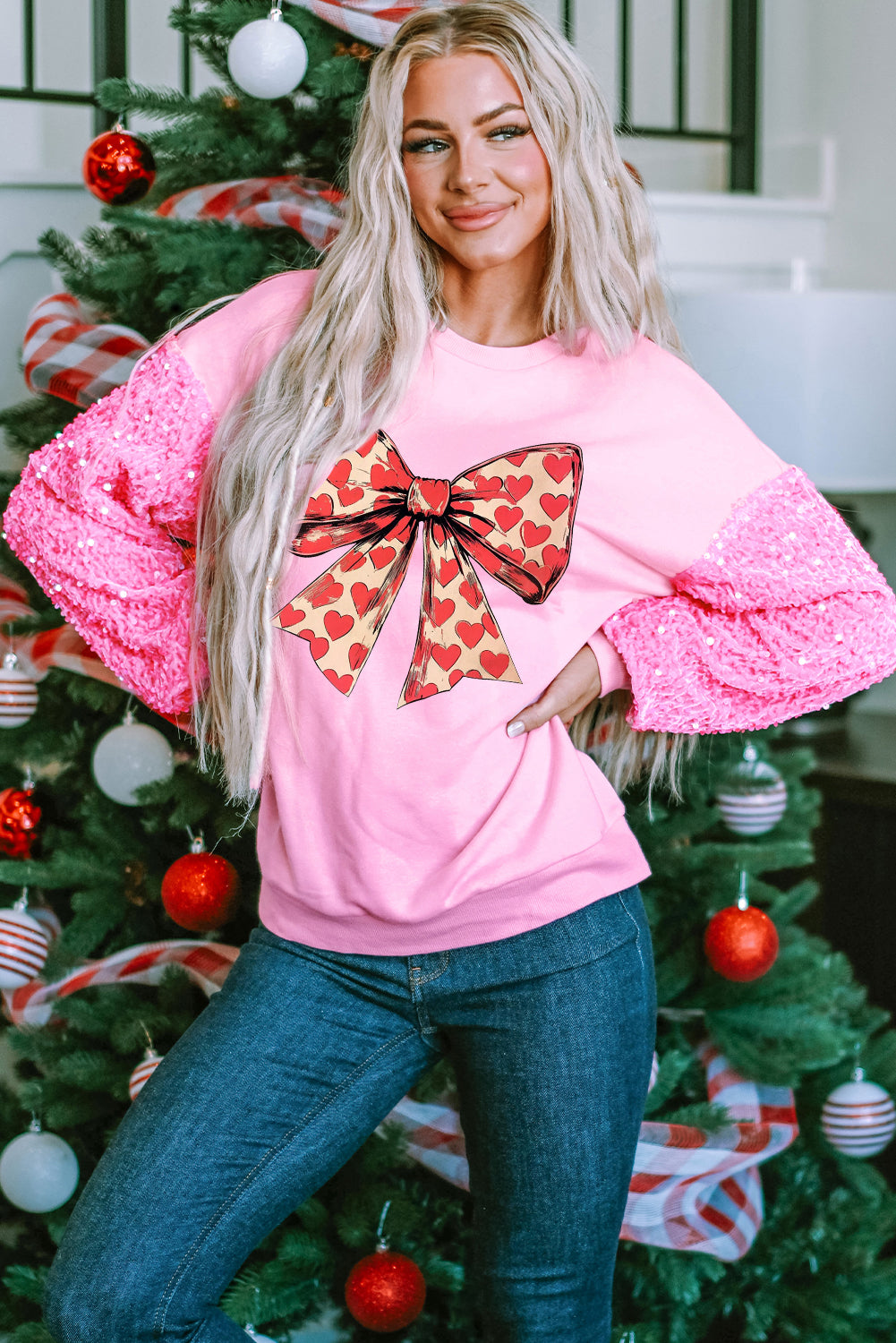 Valentine's Day Bow Heart Sequin Pullover Long Sleeve Sweatshirt