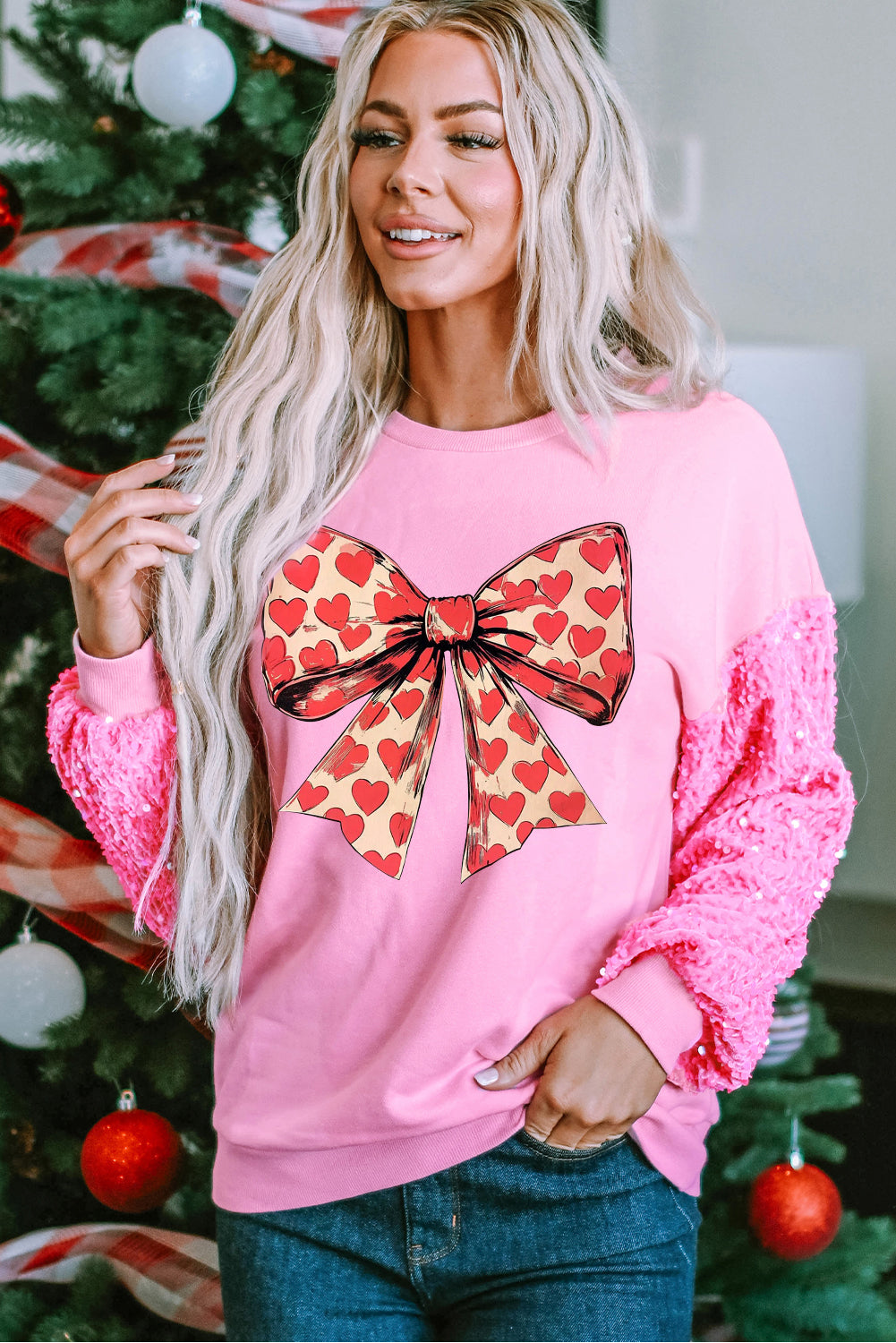 Valentine's Day Bow Heart Sequin Pullover Long Sleeve Sweatshirt