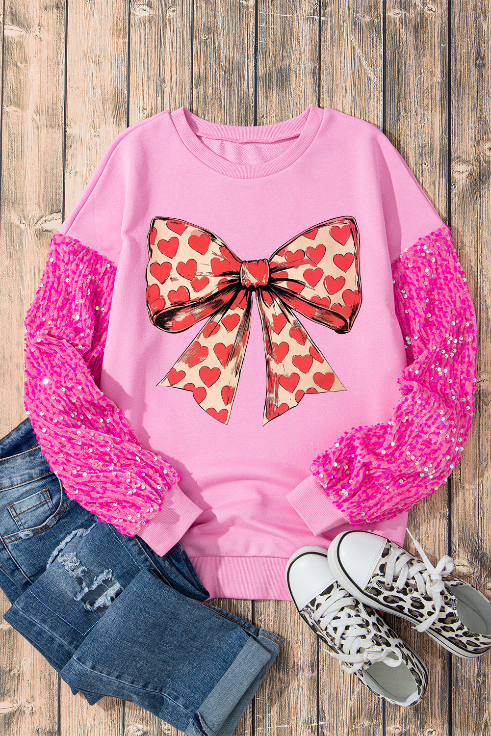 Valentine's Day Bow Heart Sequin Pullover Long Sleeve Sweatshirt