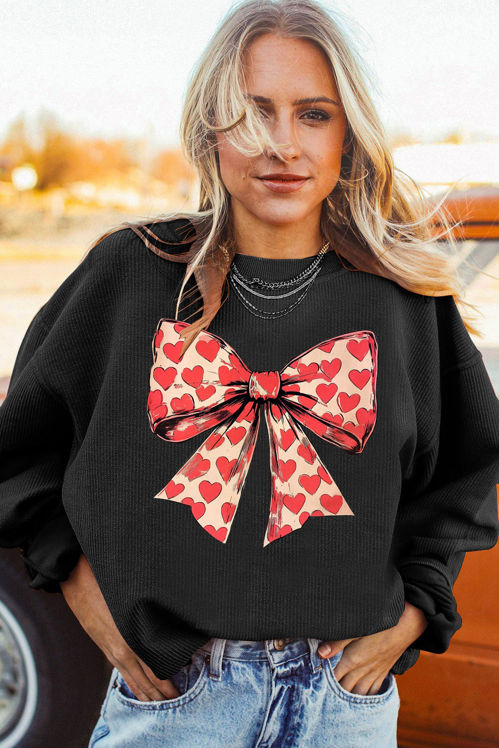 Sweet Valentine's Day Bow & Heart Print Sweatshirt