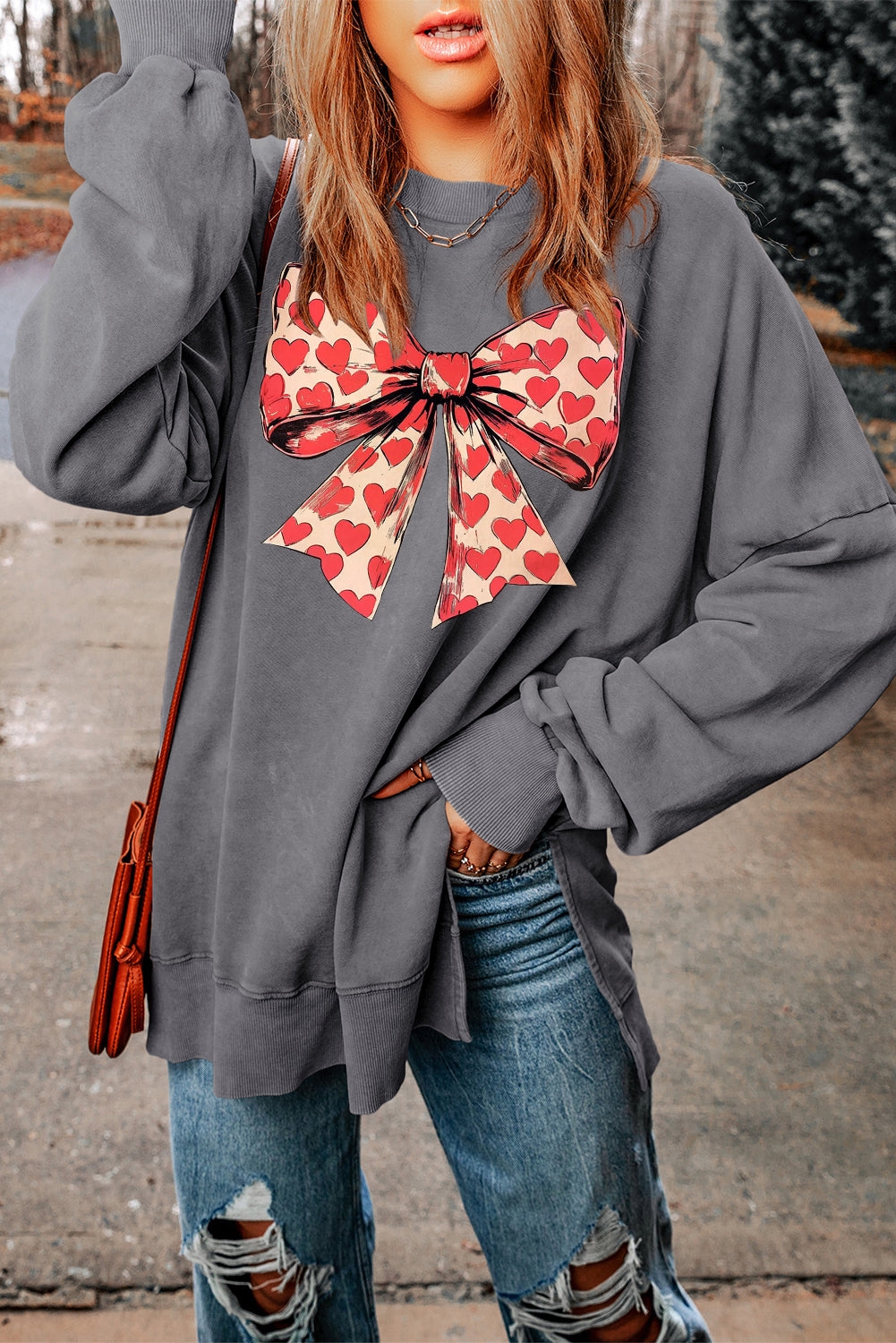 Romantic Valentine’s Day Heart Bow Oversized Ribbed Sweatshirt