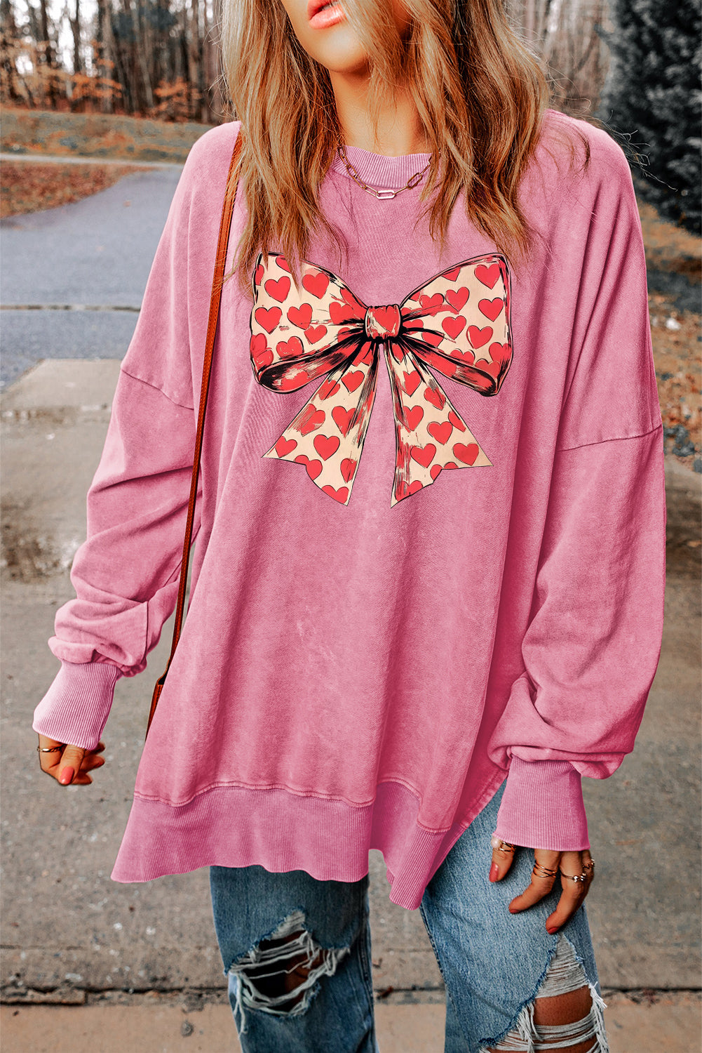 Romantic Valentine’s Day Heart Bow Oversized Ribbed Sweatshirt