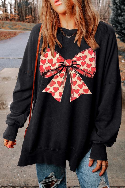 Romantic Valentine’s Day Heart Bow Oversized Ribbed Sweatshirt