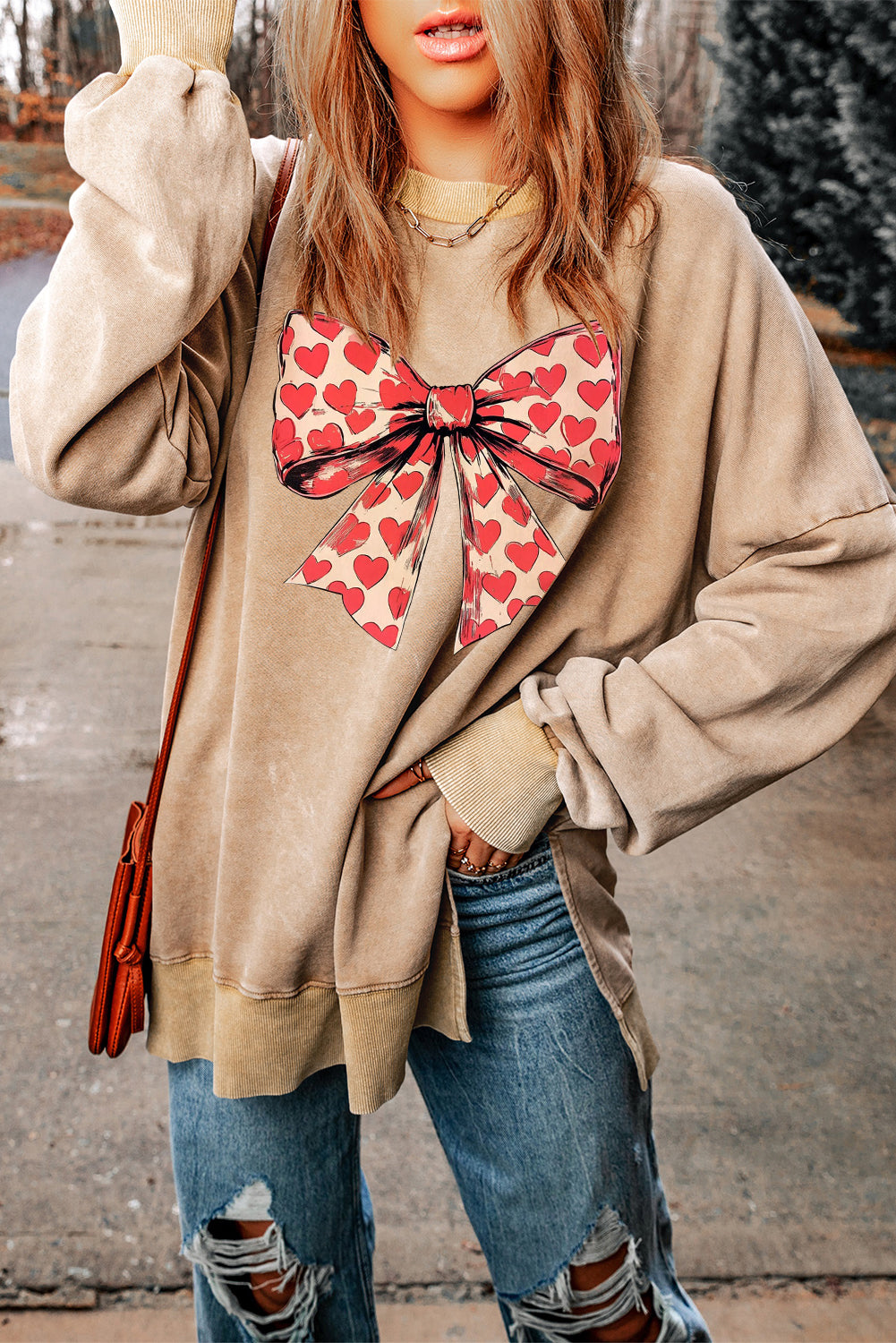 Romantic Valentine’s Day Heart Bow Oversized Ribbed Sweatshirt