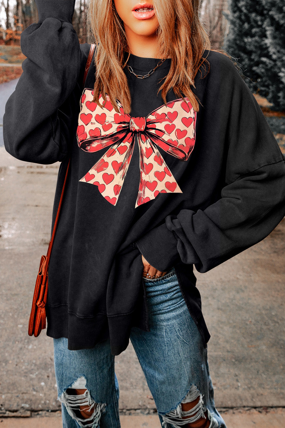 Romantic Valentine’s Day Heart Bow Oversized Ribbed Sweatshirt