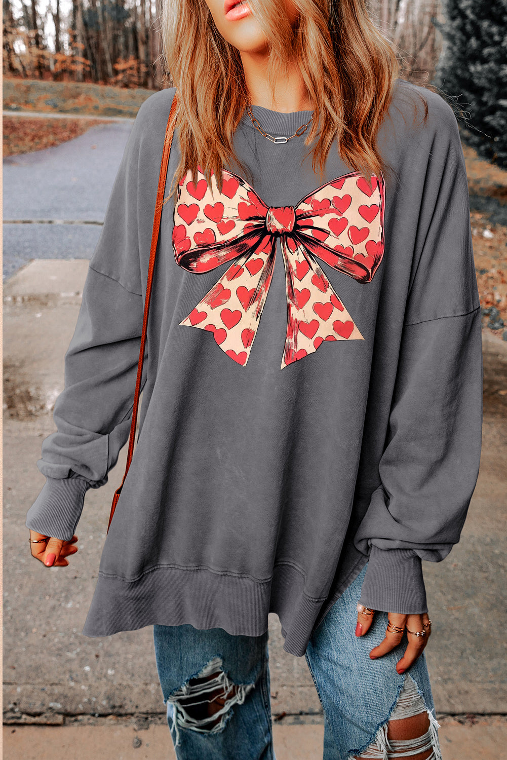 Romantic Valentine’s Day Heart Bow Oversized Ribbed Sweatshirt