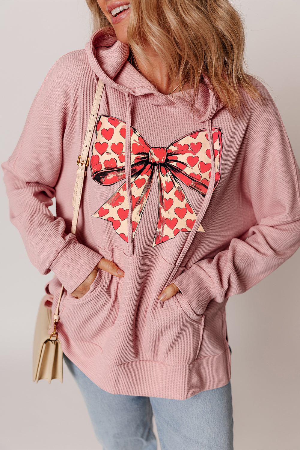 Valentine's Day Heart Bow Waffle Knit Fleece Lined Hoodie