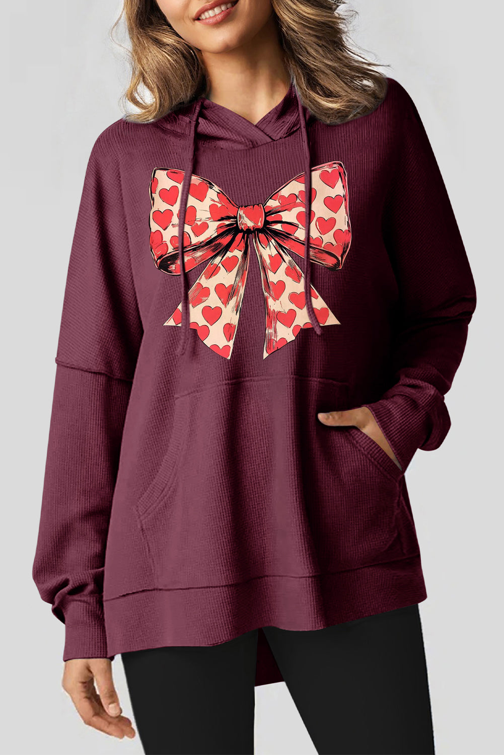 Valentine's Day Heart Bow Waffle Knit Fleece Lined Hoodie