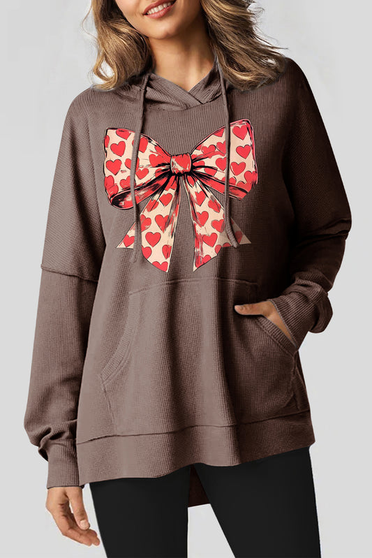 Valentine's Day Heart Bow Waffle Knit Fleece Lined Hoodie