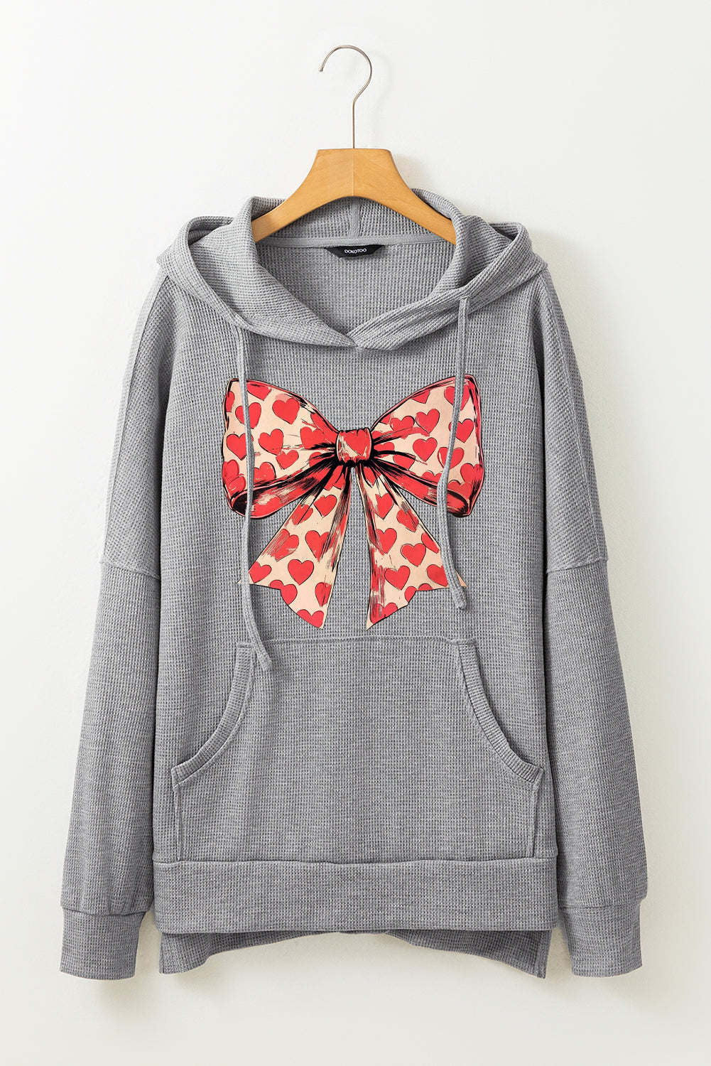 Valentine's Day Heart Bow Waffle Knit Fleece Lined Hoodie