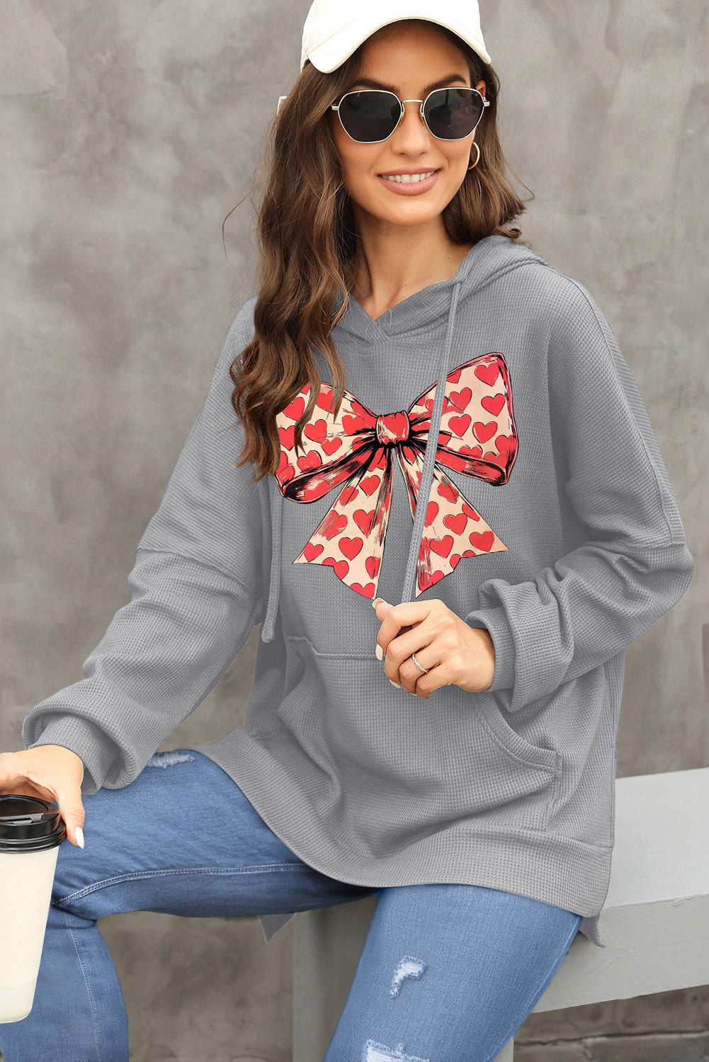 Valentine's Day Heart Bow Waffle Knit Fleece Lined Hoodie