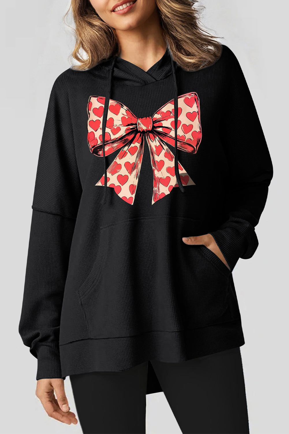 Valentine's Day Heart Bow Waffle Knit Fleece Lined Hoodie