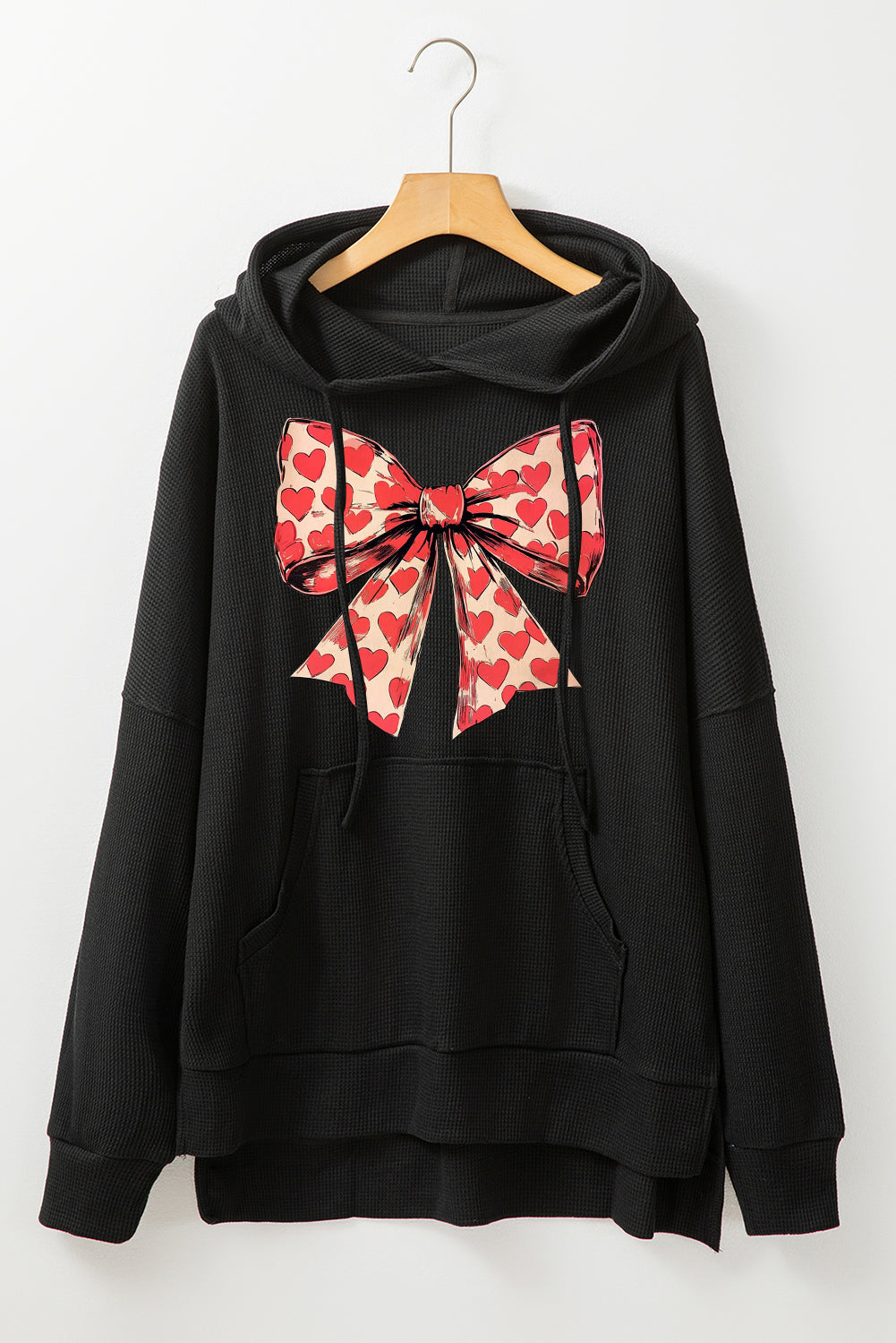 Valentine's Day Heart Bow Waffle Knit Fleece Lined Hoodie