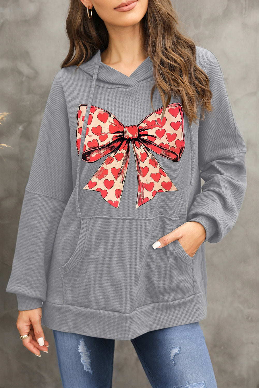 Valentine's Day Heart Bow Waffle Knit Fleece Lined Hoodie