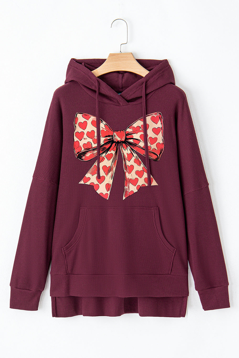 Valentine's Day Heart Bow Waffle Knit Fleece Lined Hoodie