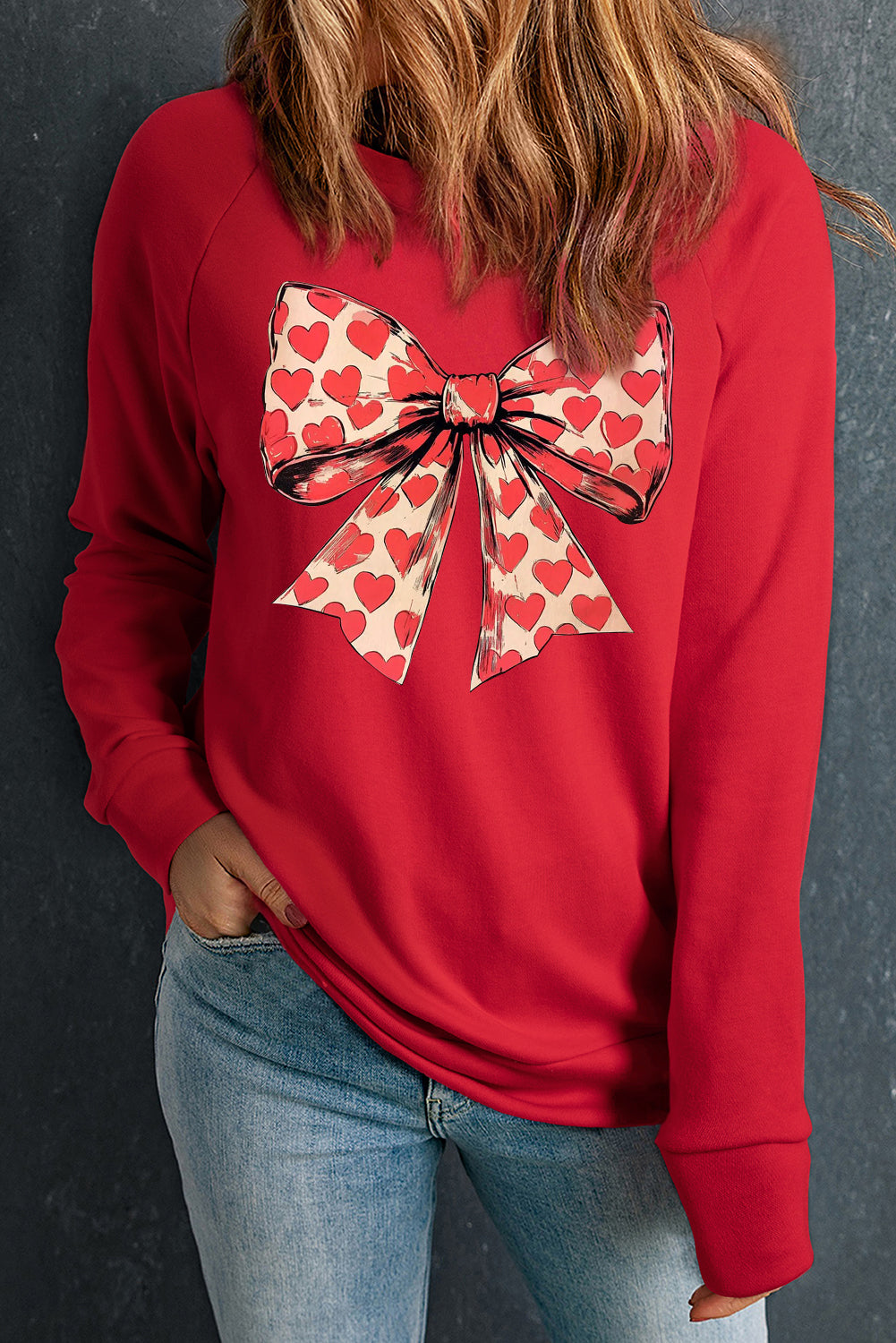 Valentine's Day Heart Bow Print Crew Neck Pullover Sweatshirt