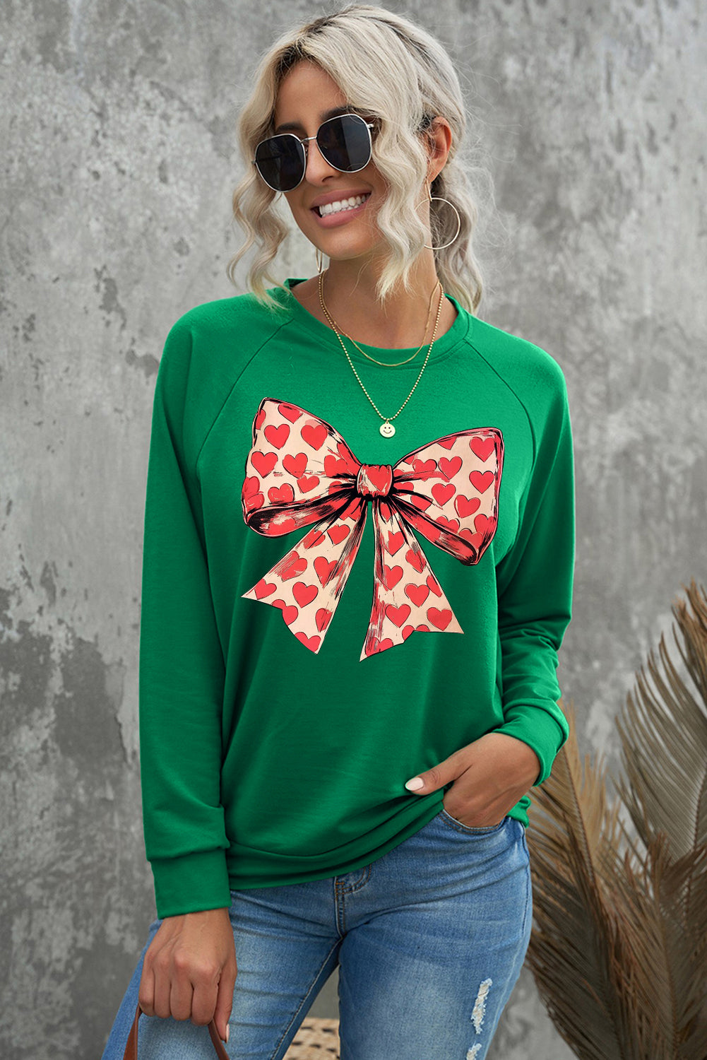 Valentine's Day Heart Bow Print Crew Neck Pullover Sweatshirt