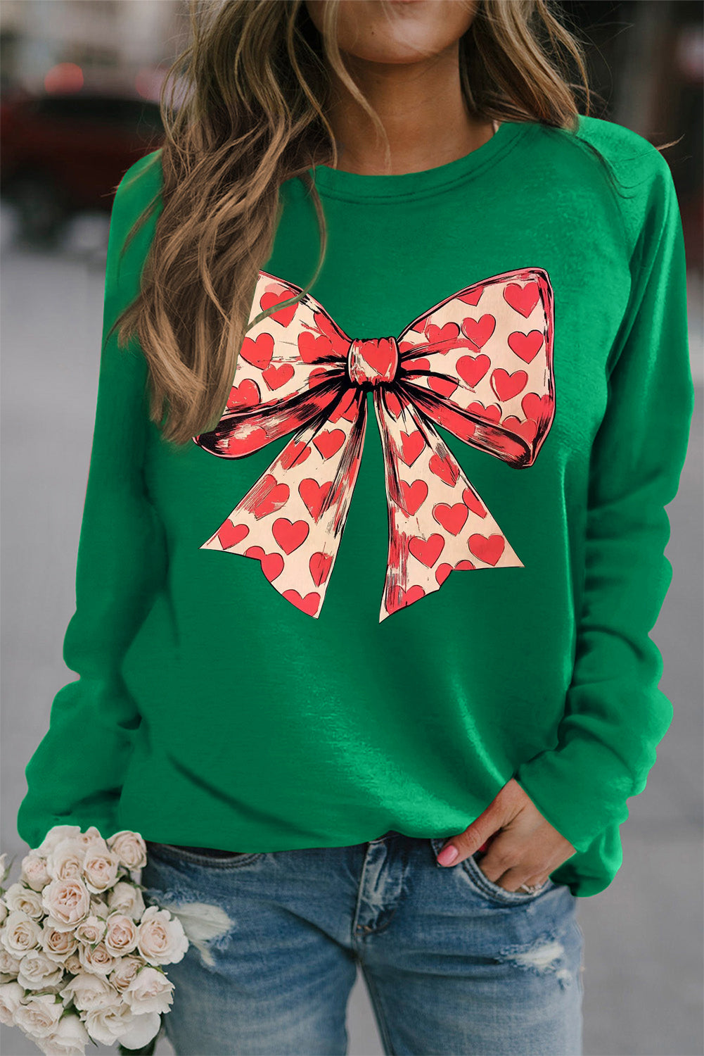 Valentine's Day Heart Bow Print Crew Neck Pullover Sweatshirt