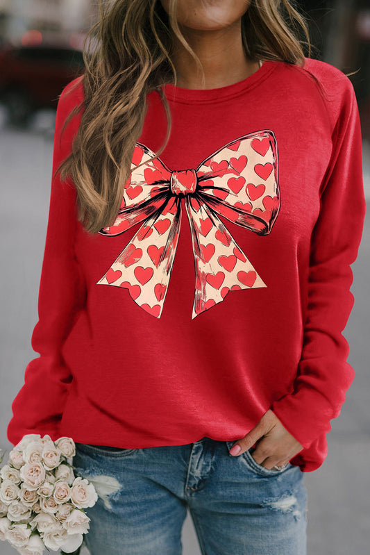 Valentine's Day Heart Bow Print Crew Neck Pullover Sweatshirt