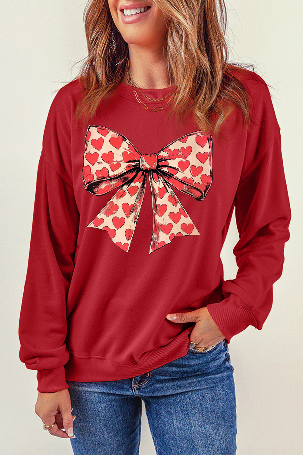 Valentine's Day Sequin Heart V-Neck Pullover Sweatshirt