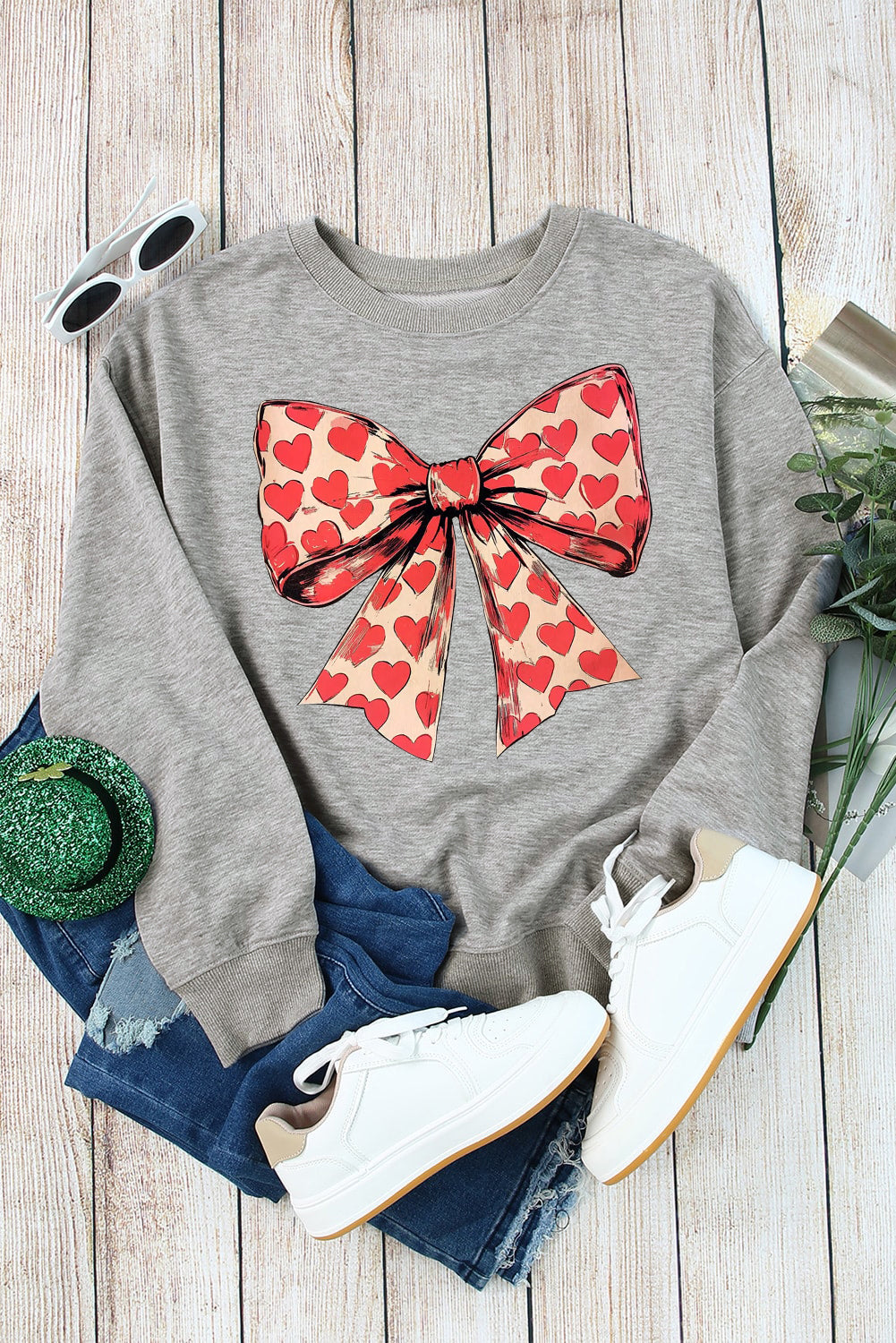 Valentine's Day Sequin Heart V-Neck Pullover Sweatshirt