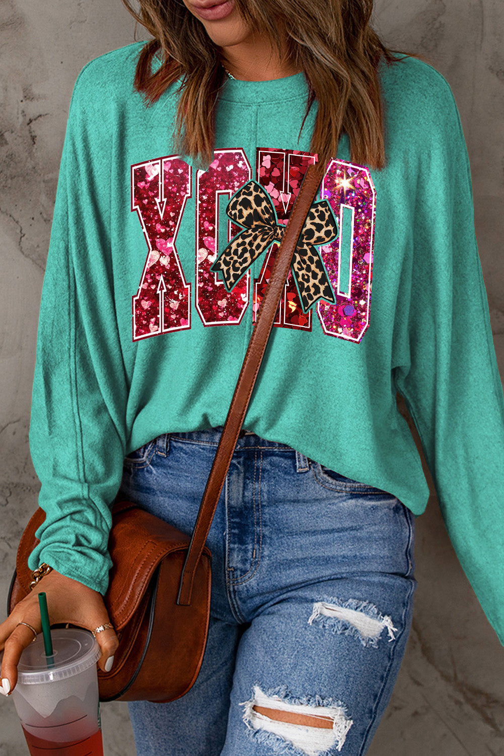 Valentine's Day XOXO Heart Patchwork Long Sleeve Knit Top