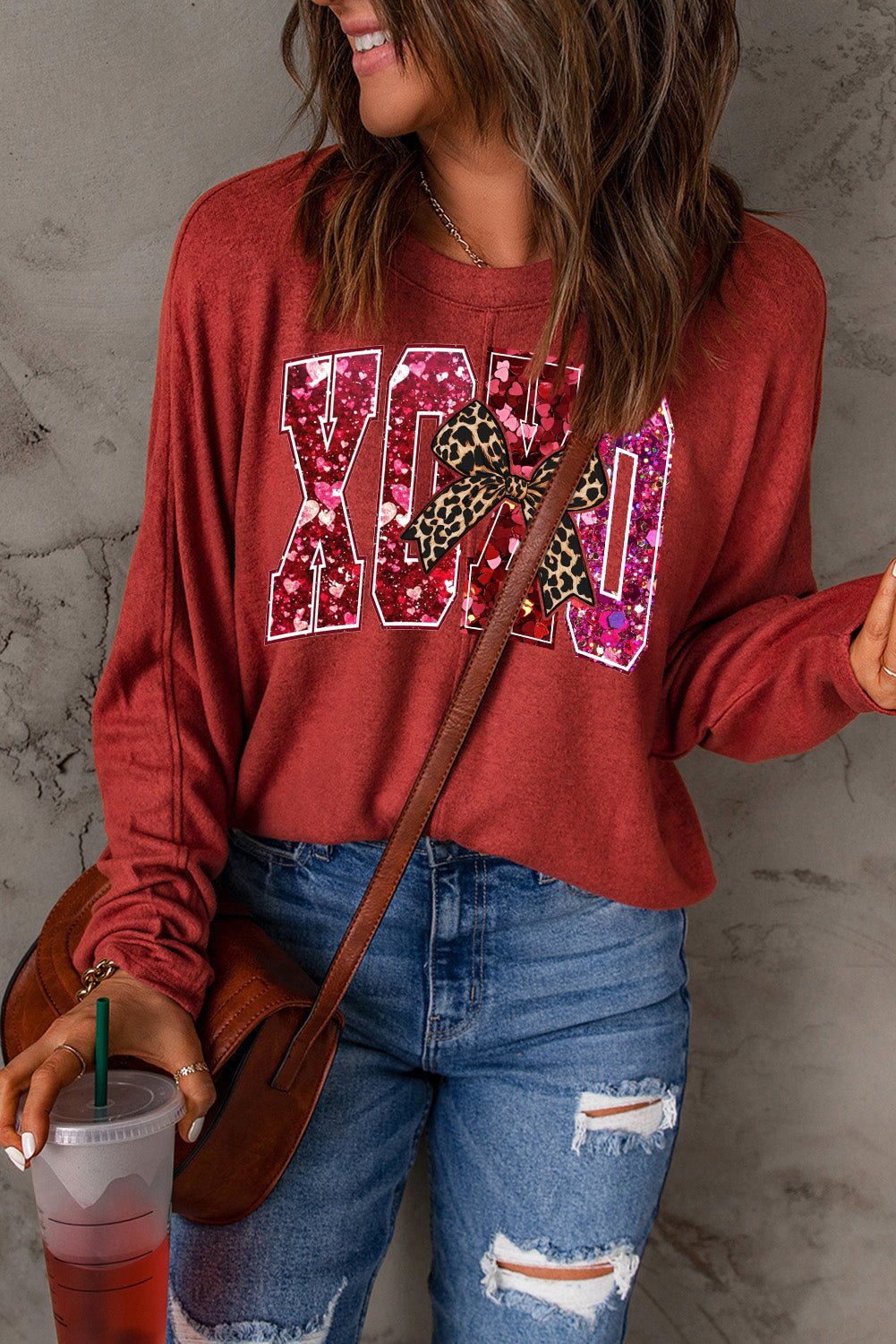 Valentine's Day XOXO Heart Patchwork Long Sleeve Knit Top