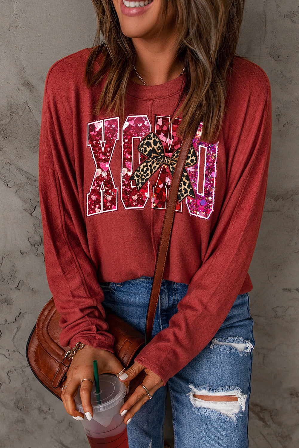 Valentine's Day XOXO Heart Patchwork Long Sleeve Knit Top