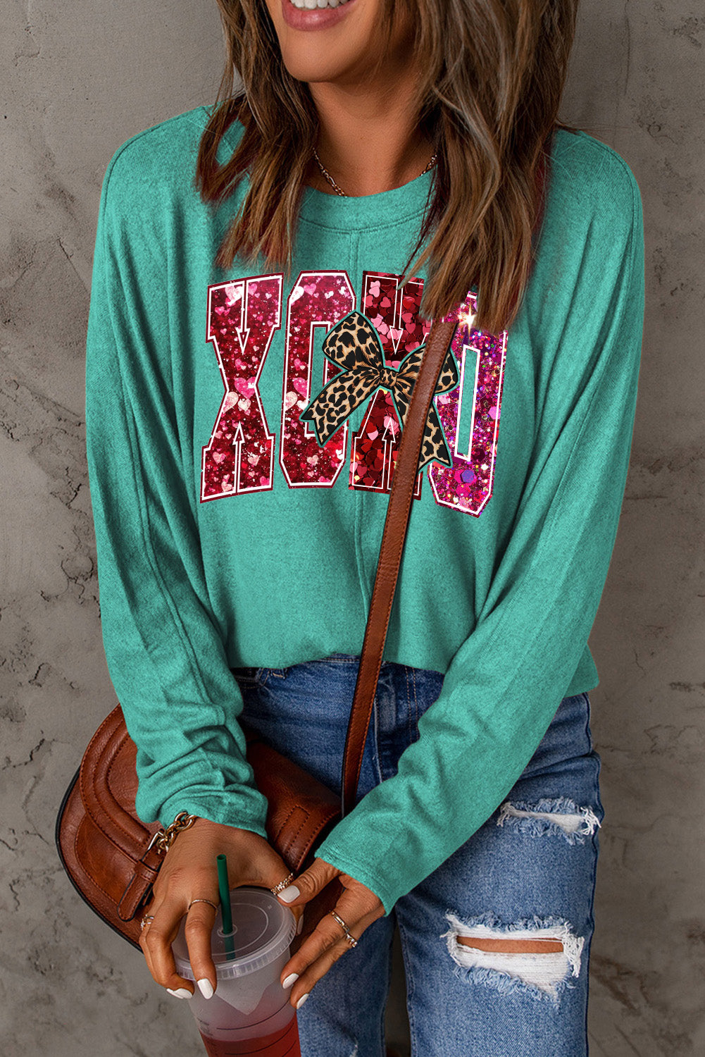 Valentine's Day XOXO Heart Patchwork Long Sleeve Knit Top