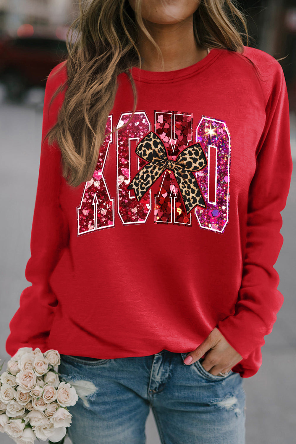 Valentine's Day XOXO Sweetheart Print Crew Neck Pullover