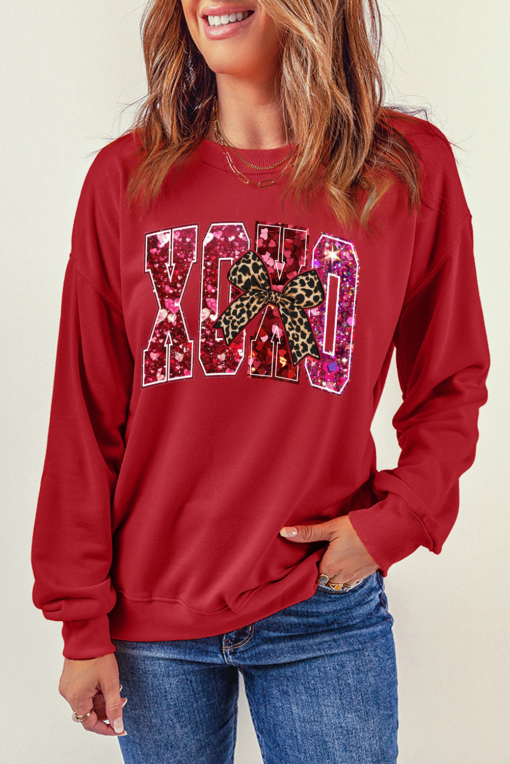 Valentine's Day XOXO Sequined Heart Pullover Sweatshirt with Love Motif