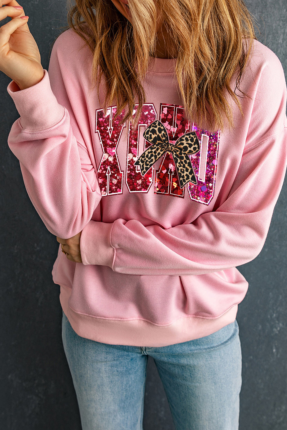 Valentine's Day XOXO Sequined Heart Pullover Sweatshirt with Love Motif