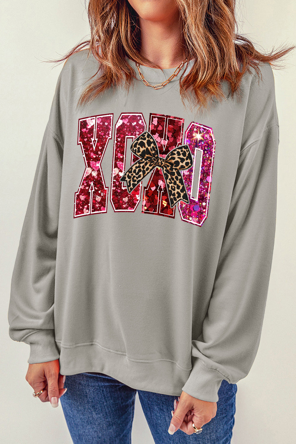 Valentine's Day XOXO Sequined Heart Pullover Sweatshirt with Love Motif