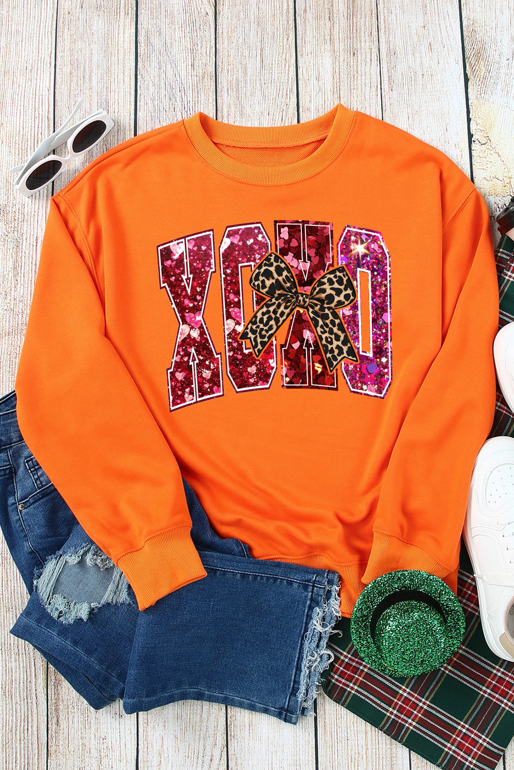 Valentine's Day XOXO Sequined Heart Pullover Sweatshirt with Love Motif