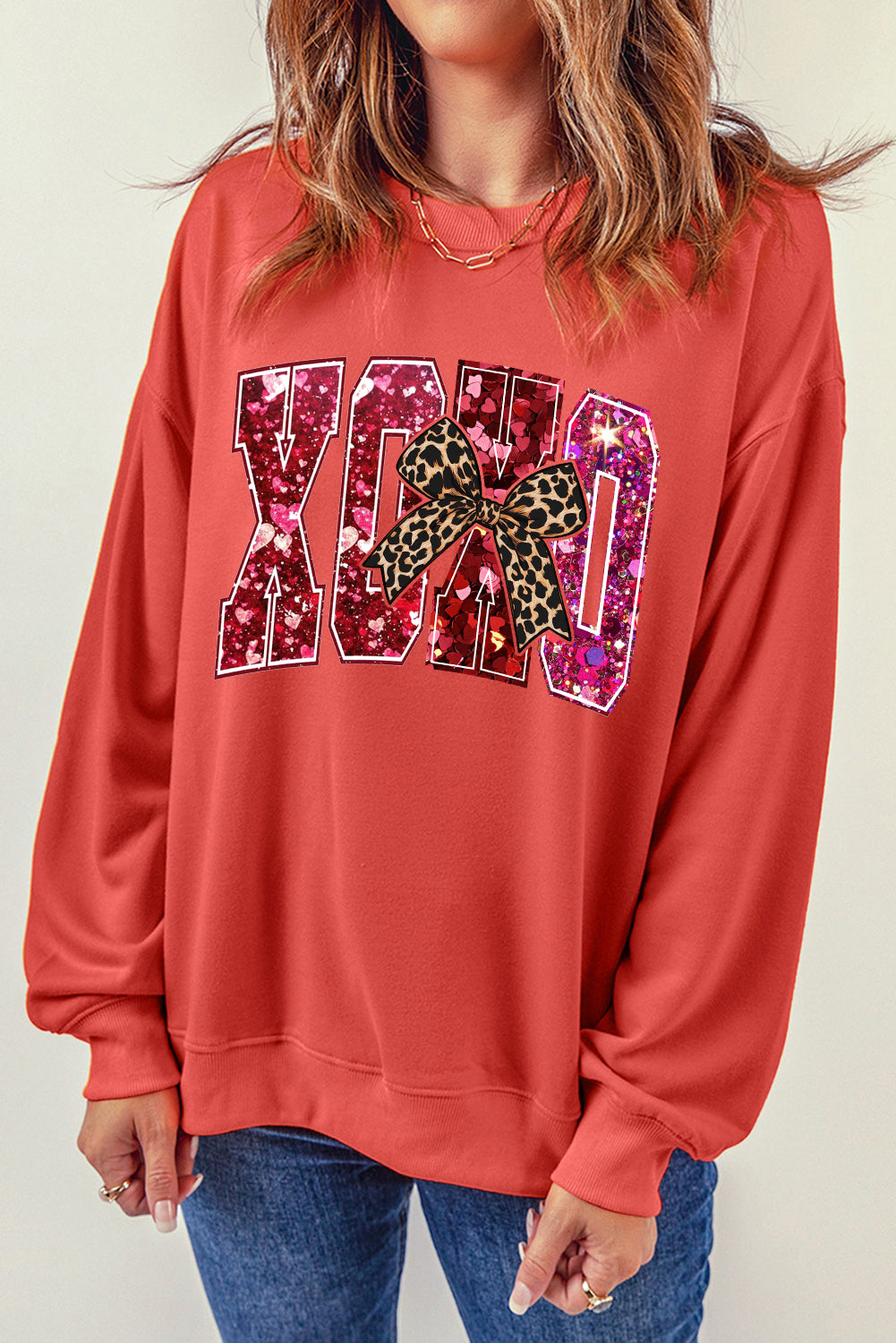 Valentine's Day XOXO Sequined Heart Pullover Sweatshirt with Love Motif