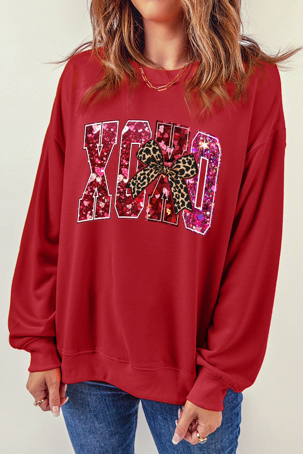 Valentine's Day XOXO Sequined Heart Pullover Sweatshirt with Love Motif