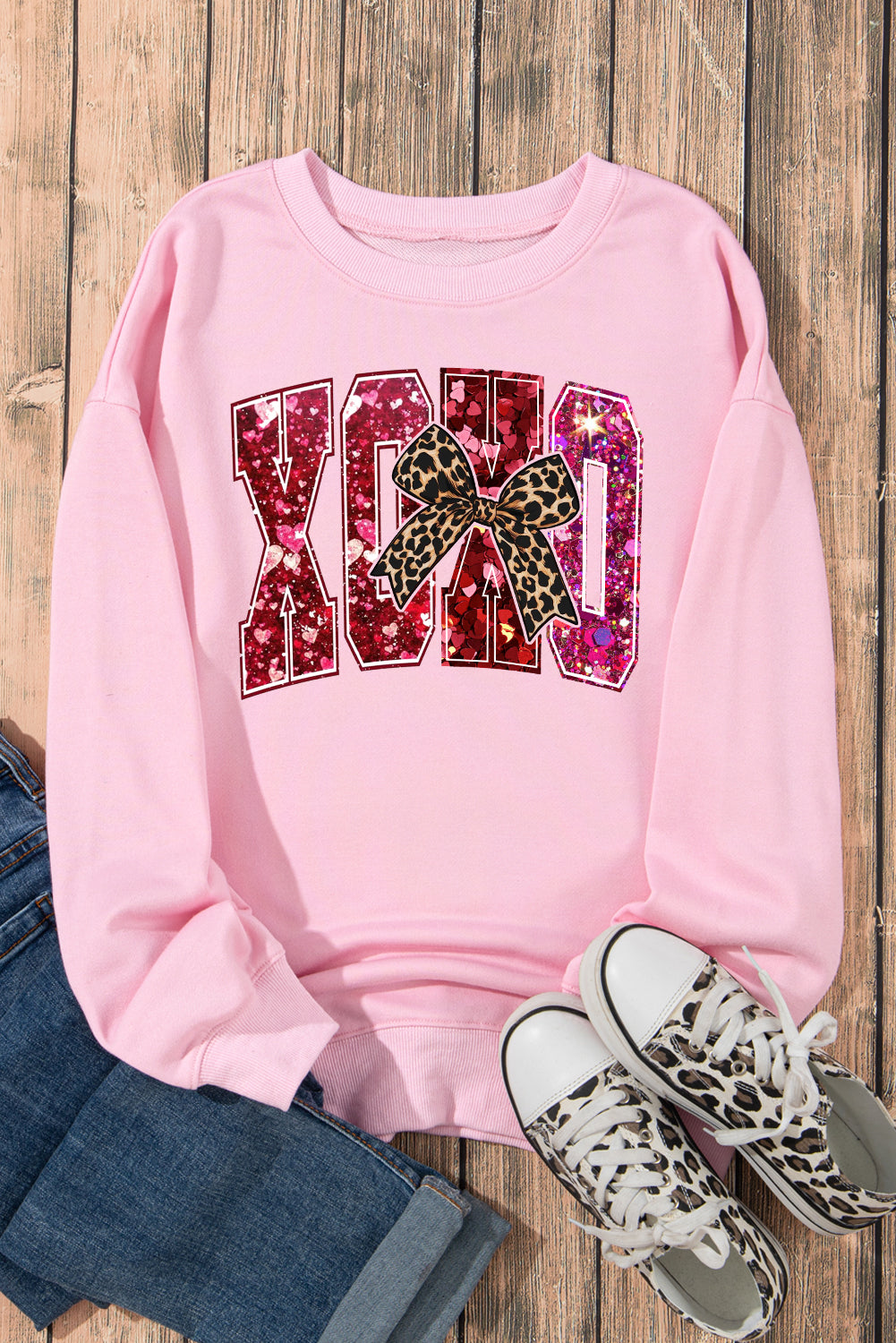 Valentine's Day XOXO Sequined Heart Pullover Sweatshirt with Love Motif