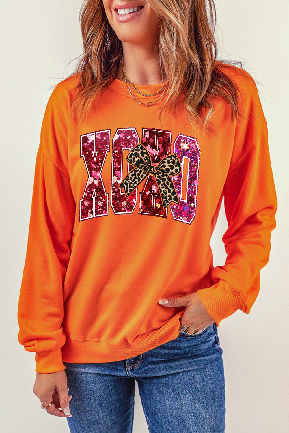 Valentine's Day XOXO Sequined Heart Pullover Sweatshirt with Love Motif