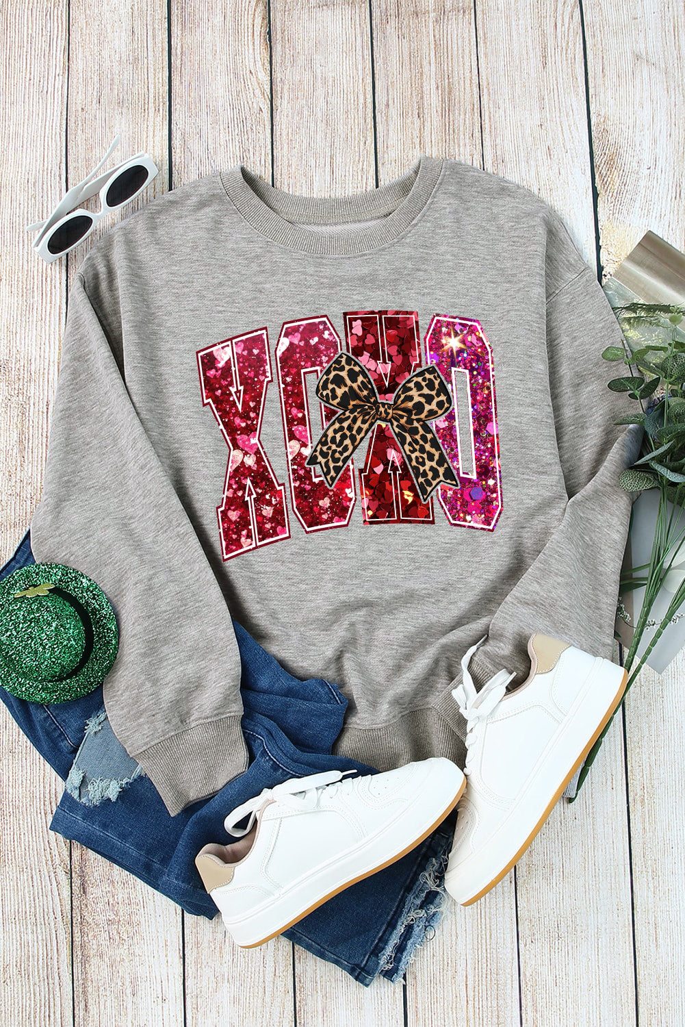 Valentine's Day XOXO Sequined Heart Pullover Sweatshirt with Love Motif