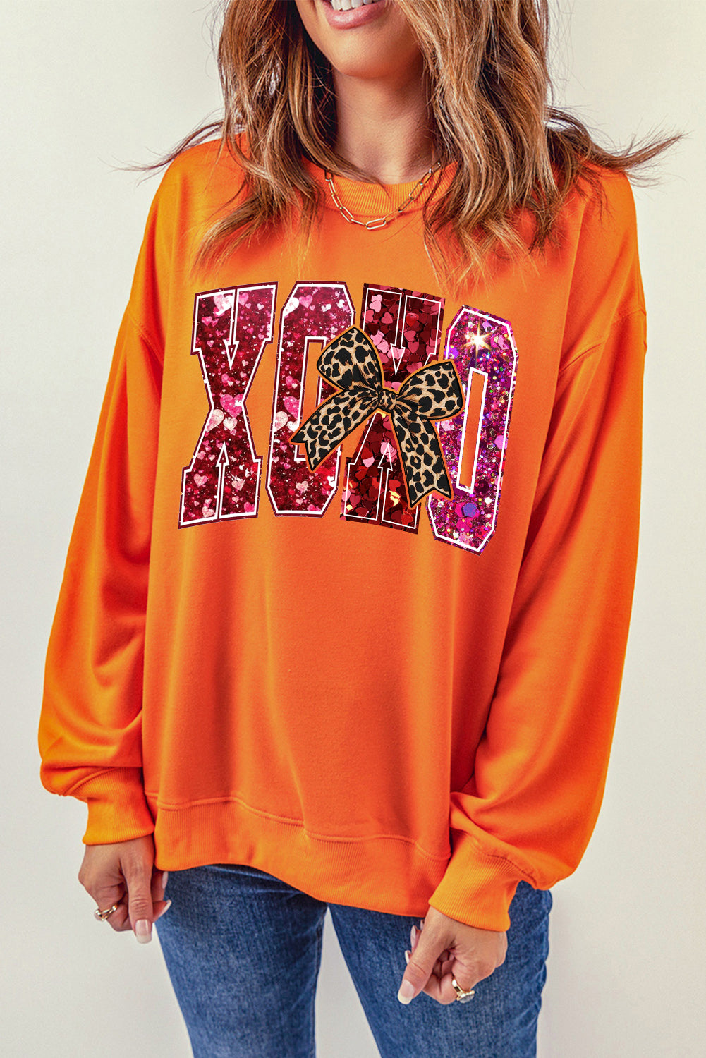 Valentine's Day XOXO Sequined Heart Pullover Sweatshirt with Love Motif