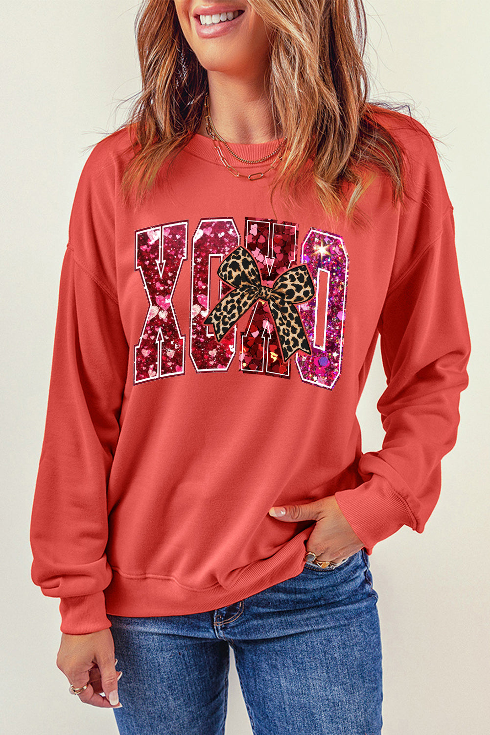 Valentine's Day XOXO Sequined Heart Pullover Sweatshirt with Love Motif