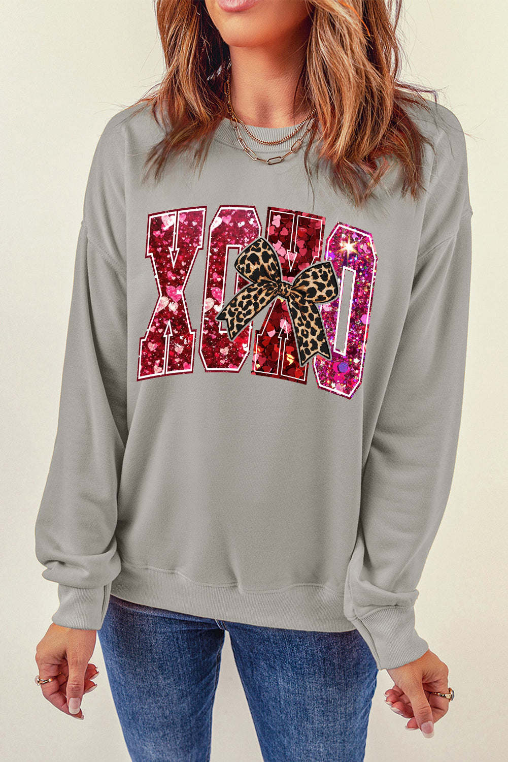 Valentine's Day XOXO Sequined Heart Pullover Sweatshirt with Love Motif