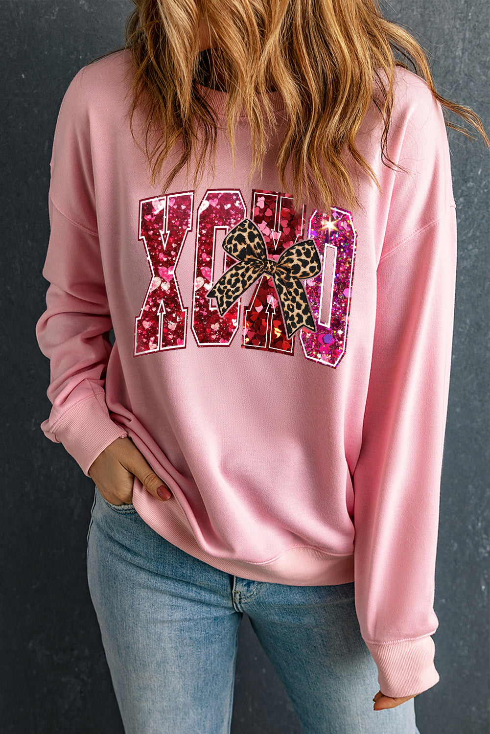 Valentine's Day XOXO Sequined Heart Pullover Sweatshirt with Love Motif