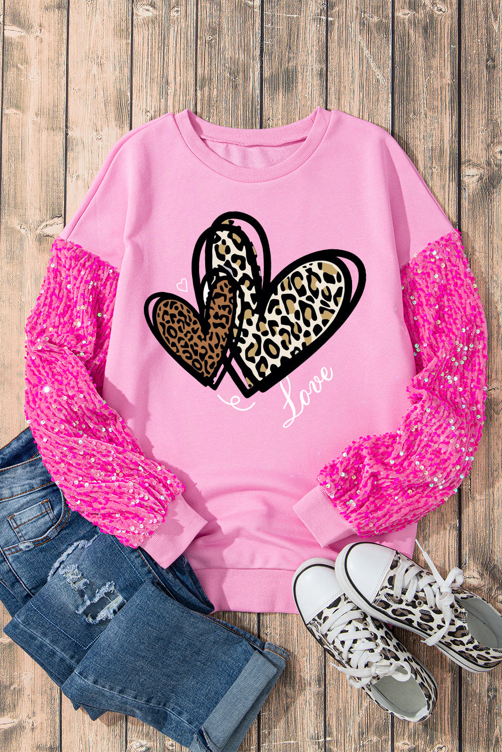 Valentine's Day Heart Leopard Print Patchwork Sleeve Pullover Shirt