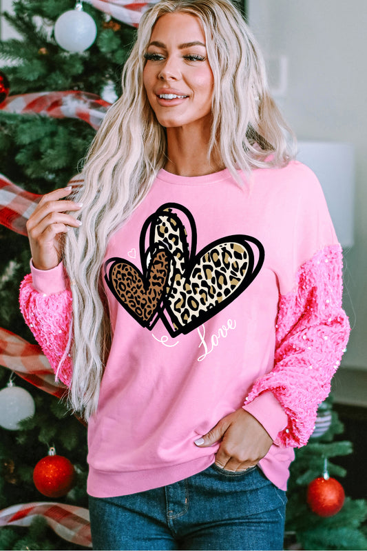 Valentine's Day Heart Leopard Print Patchwork Sleeve Pullover Shirt