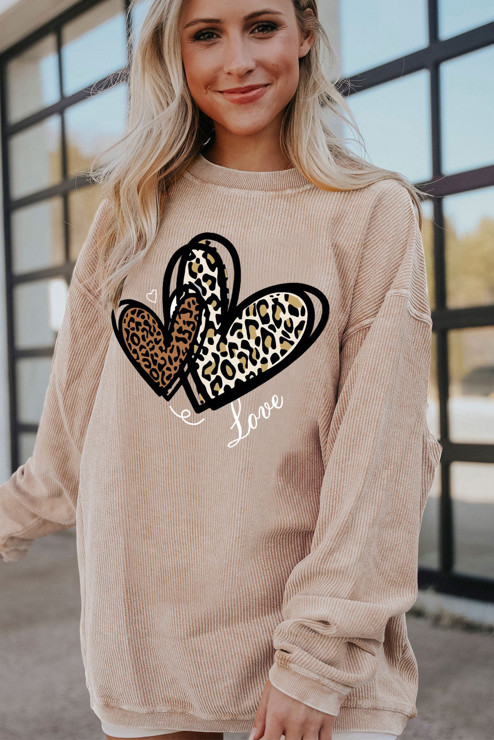 Valentine's Day Heart Leopard Ribbed Corduroy Oversized Sweatshirt