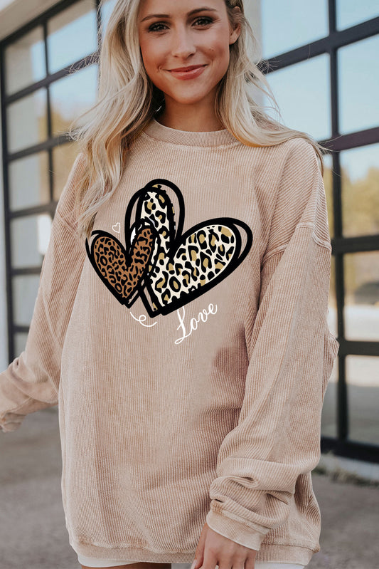 Valentine's Day Heart Leopard Ribbed Corduroy Oversized Sweatshirt