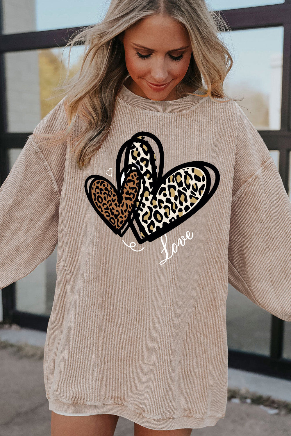 Valentine's Day Heart Leopard Ribbed Corduroy Oversized Sweatshirt