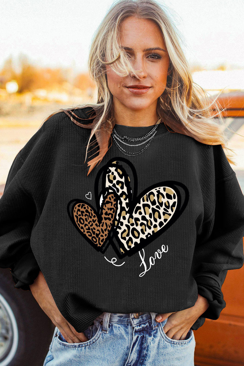 Valentine's Day Heart Leopard Ribbed Corduroy Oversized Sweatshirt