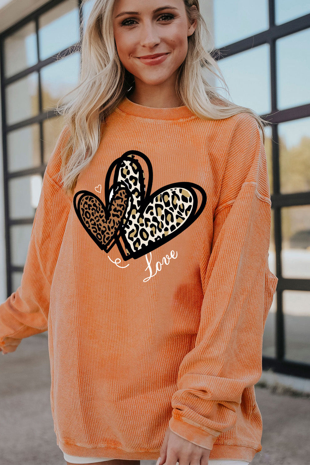 Valentine's Day Heart Leopard Ribbed Corduroy Oversized Sweatshirt